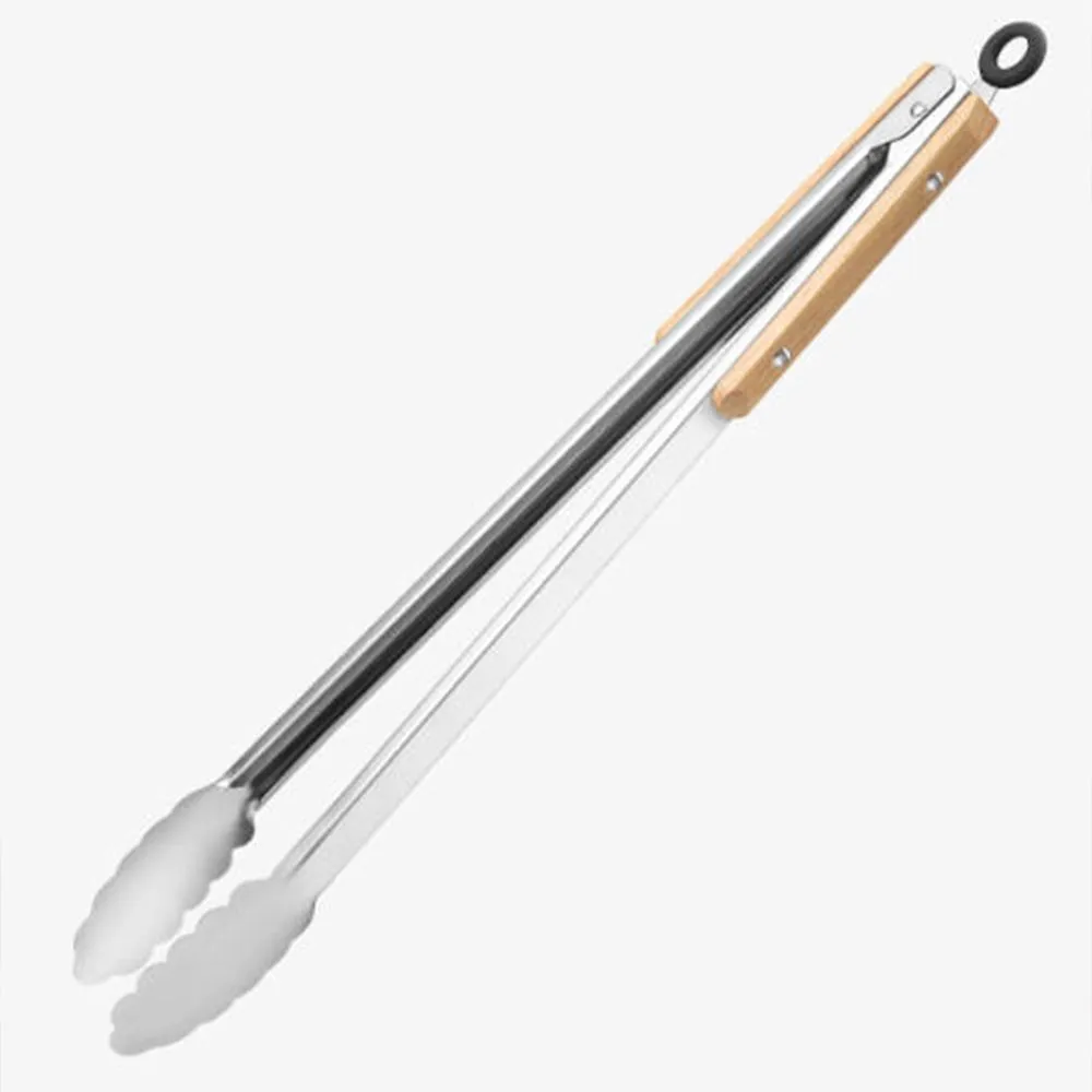 Extended Stainless Steel BBQ Tongs with Comfort Wooden Handle