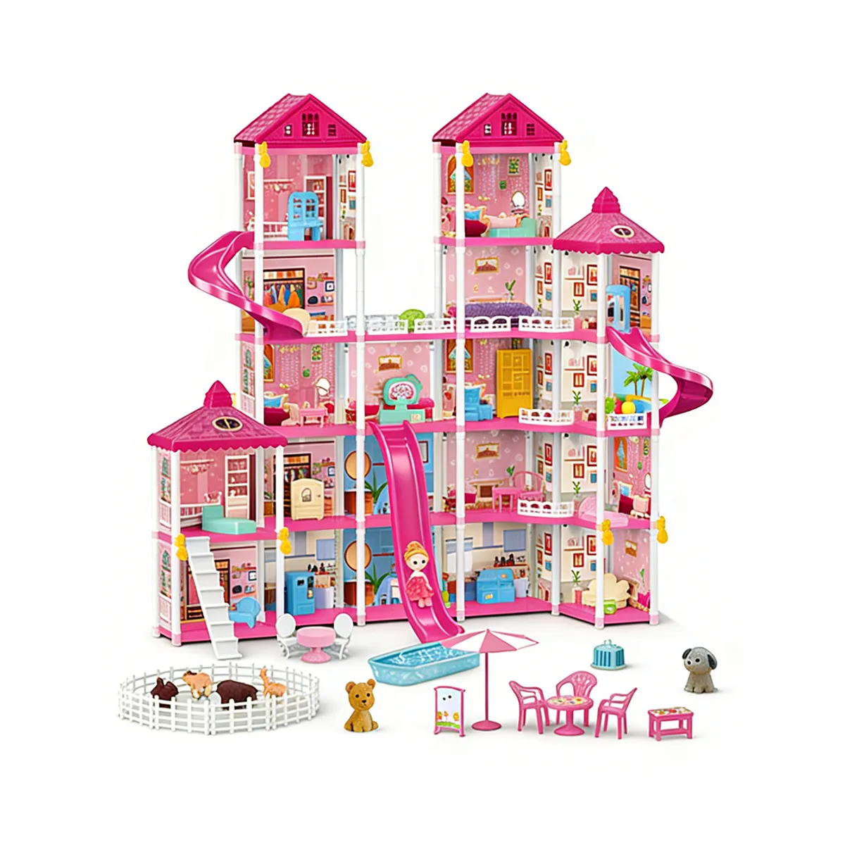 Princess Dollhouse DIY House Building Play Set with Doll & Furniture - Gift - Dark pink