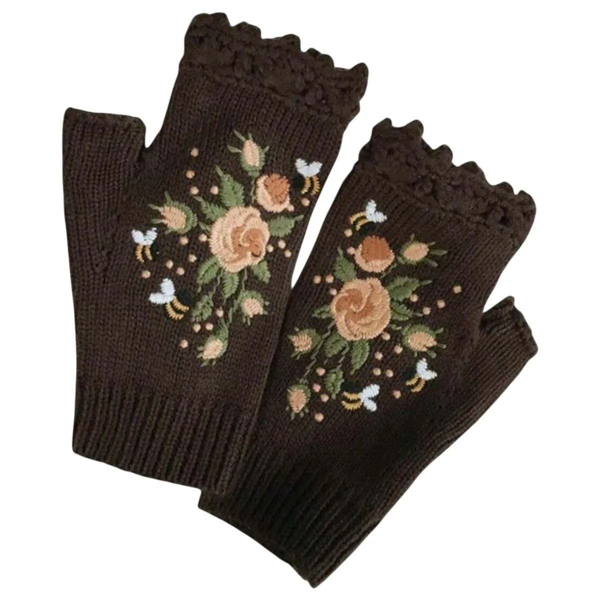 Floral Lace Fingerless Winter Gloves - Embroidered Knit Warmers for Women - Brown