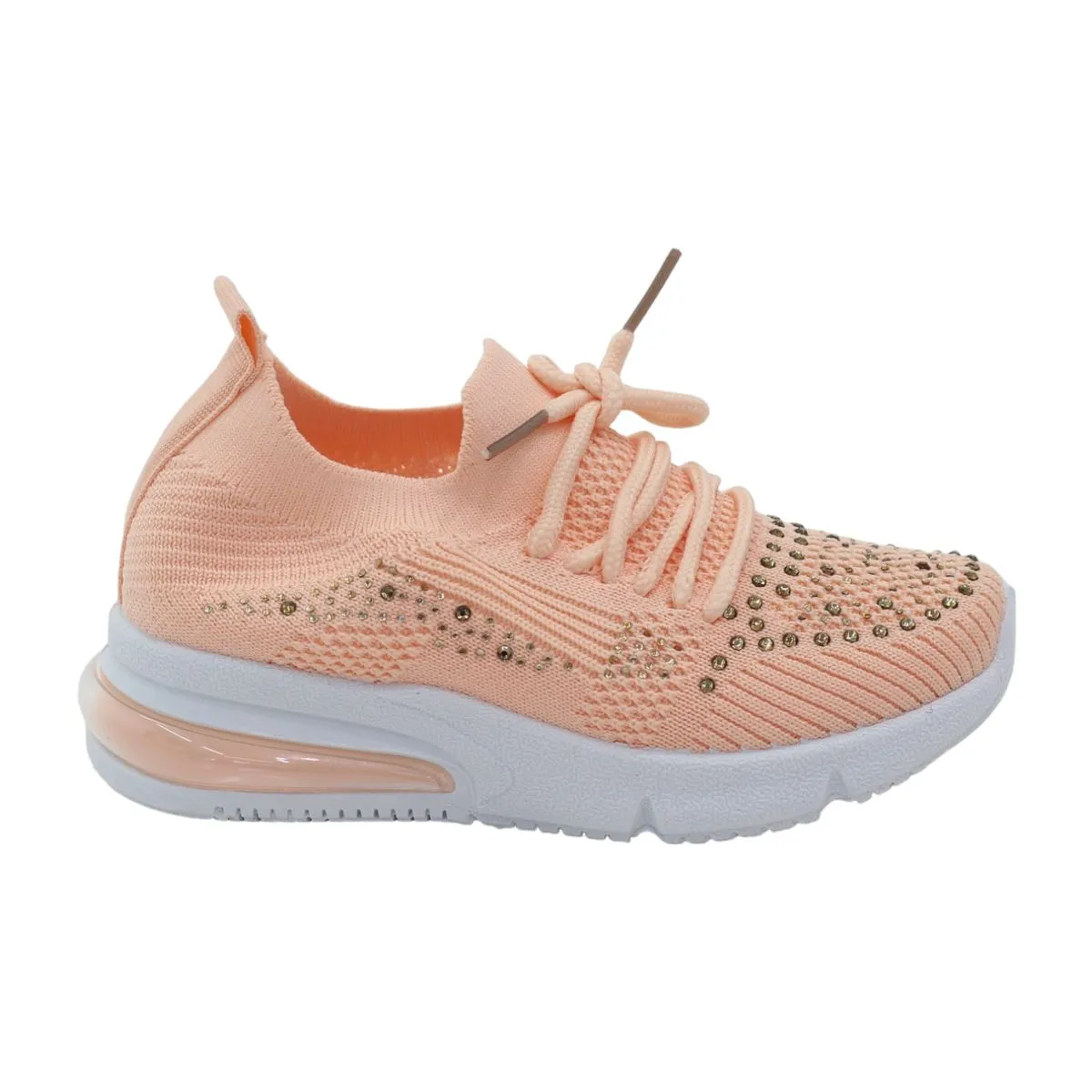 Lamara Paris Obioma Girls Fly Knit Lace Up Sneaker With Diamonds - Apricot