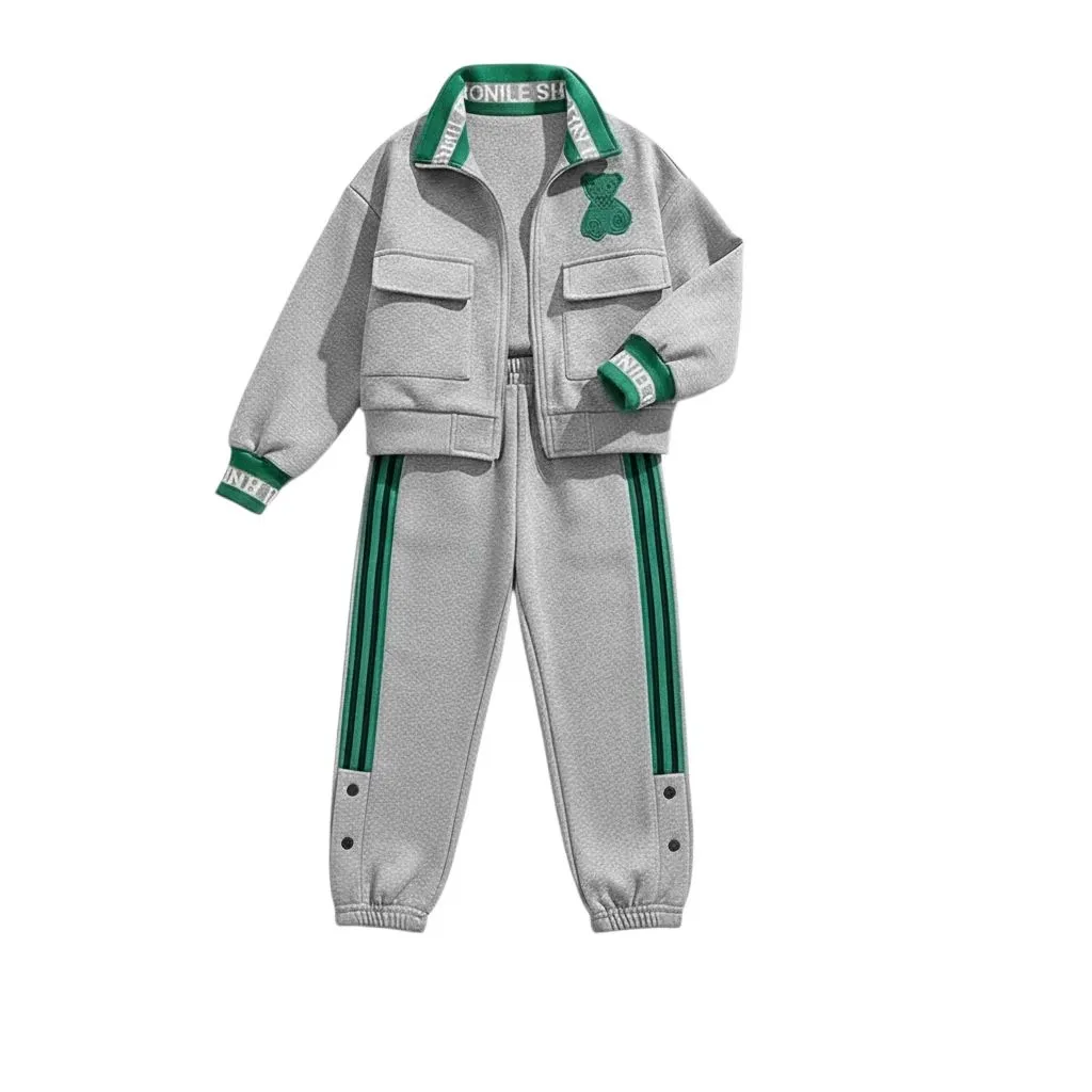 Grey High NeckZipper Two-Piece Kids Tracksuit For Girls Jacket With Jogger