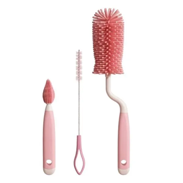 3-in-1 Baby Bottle Brush Set with Nipple & Straw Cleaner - Pink