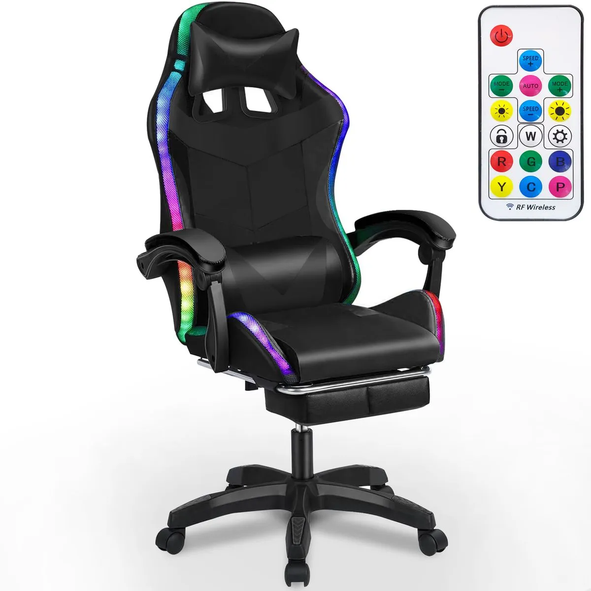 Gaming Chair High Back Computer Office Chair with Remote Control LED Light - Black