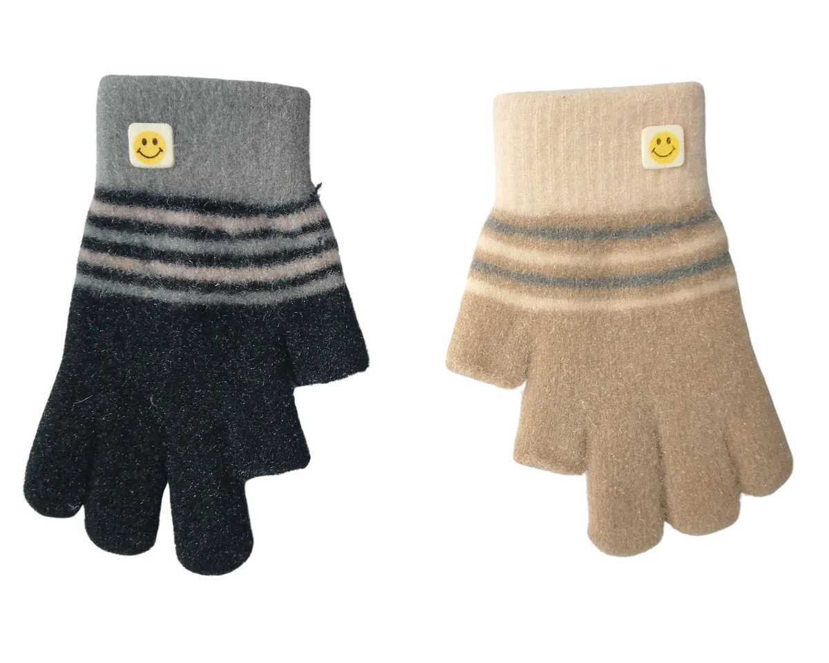 Kids Cute Smiley Face Winter Knit Gloves 2 Pack - Black & Brown 