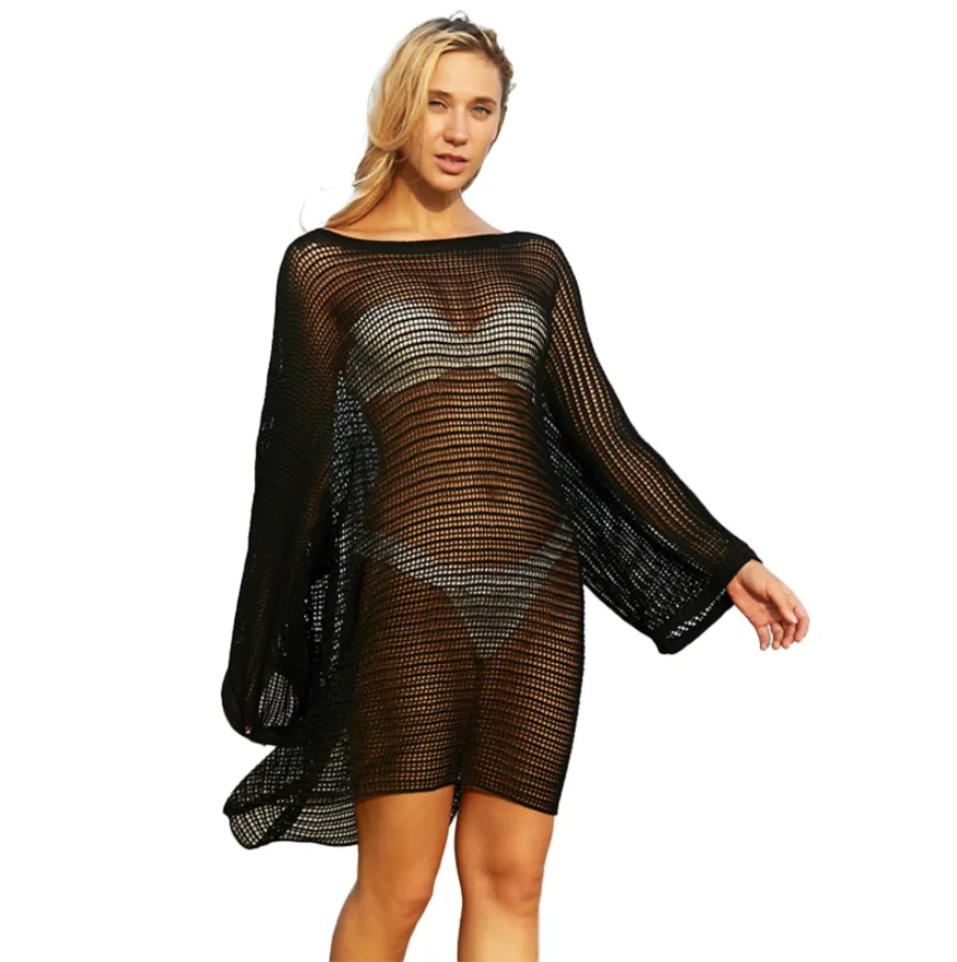 Bikini Sunscreen Hollow Hoodie Knitted, Length 76CM - Black