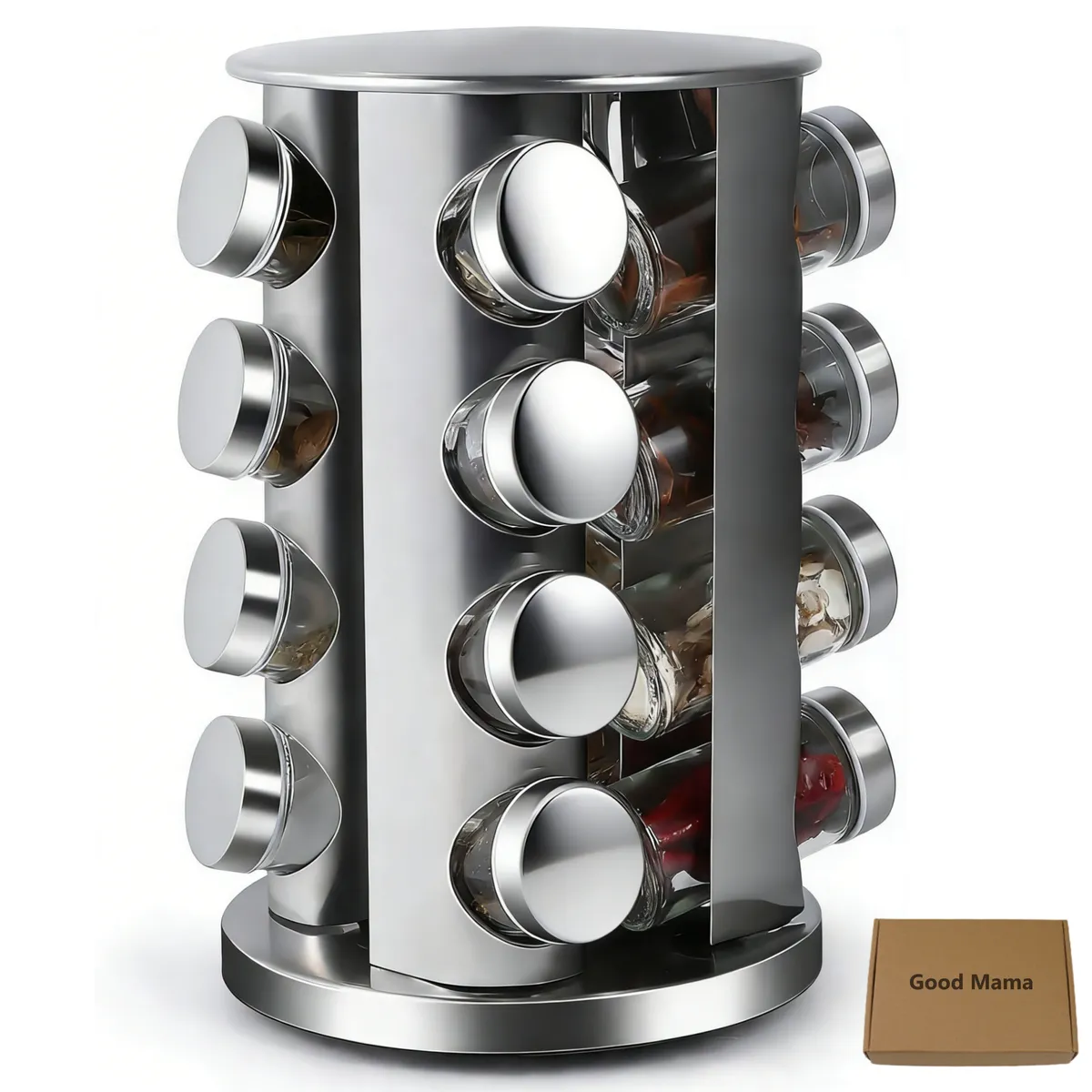 Good Mama Spice Organizer Rack Set with 16 Spice Jars Storage Rotating