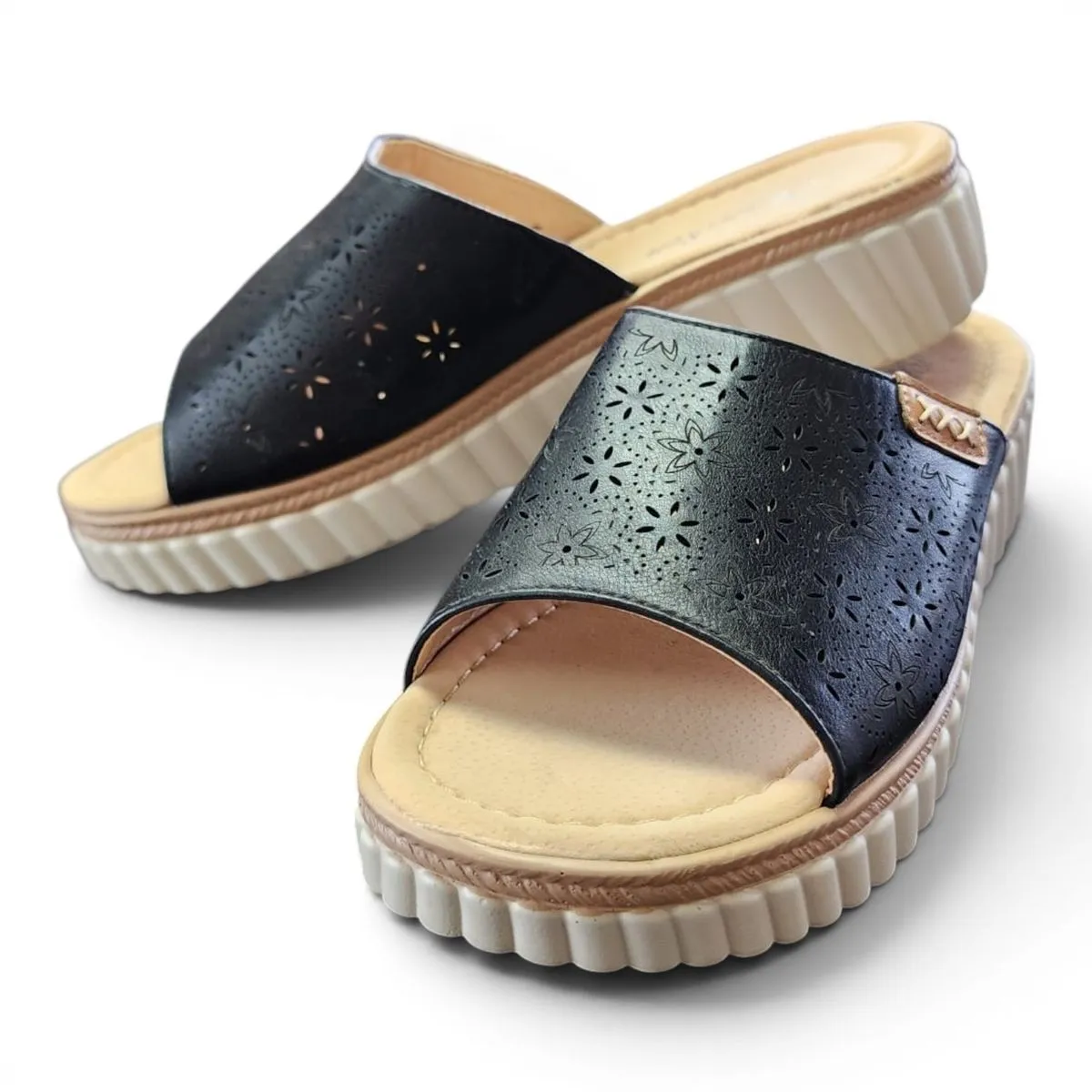 Ladies Comfort Platform Slide Sandals - Black Floral Cut-Out Design