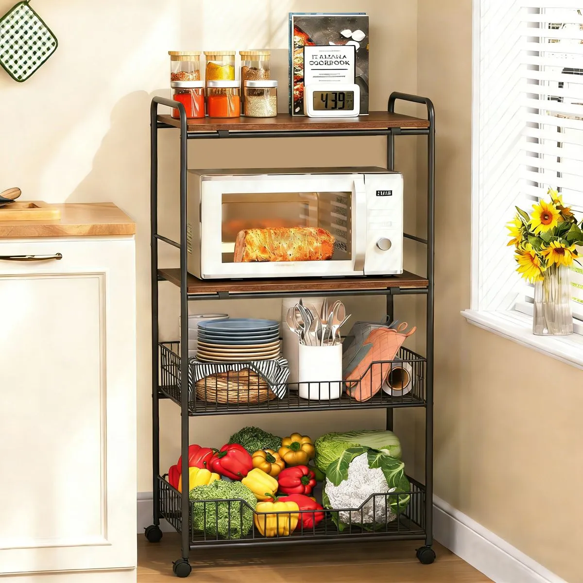 Storage Shelves Movable Organiser Rack with Basket Trolley Cart 4 Tier