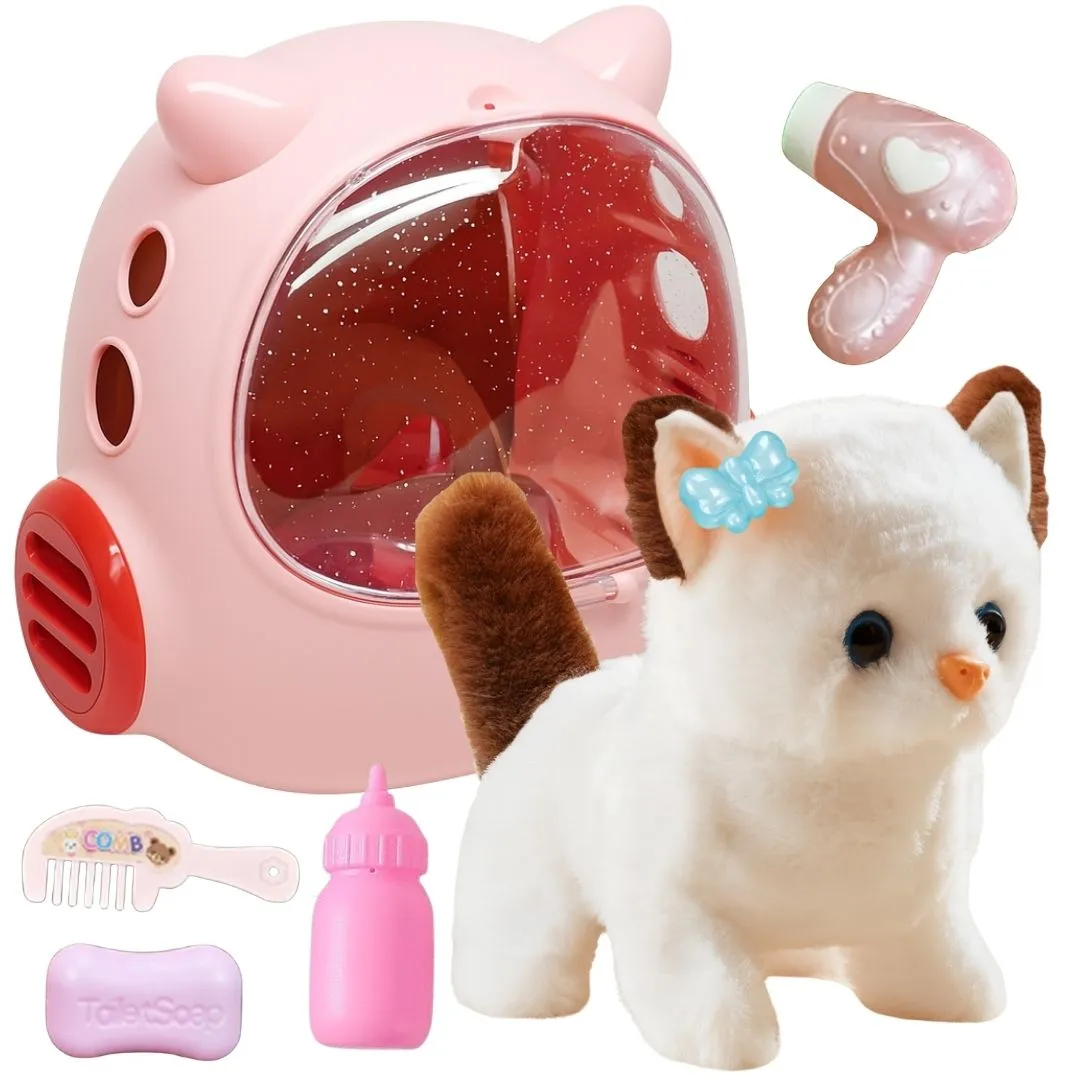 Pet Kitten with Carrier- Toys for Girls & Toddlers - Cat Plush Toy - Brown