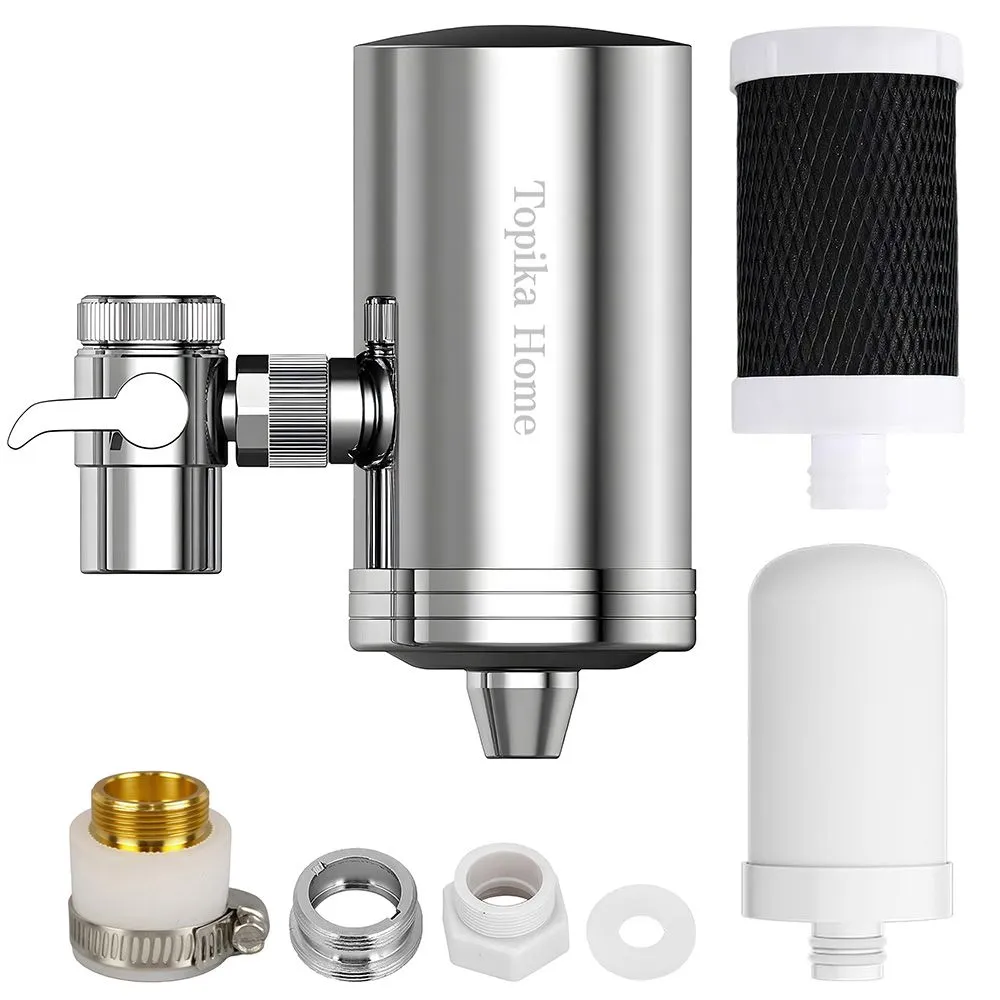 TopikaHome - Stainless Steel Faucet Water Sink Filter with 2 Pieces Cartridges