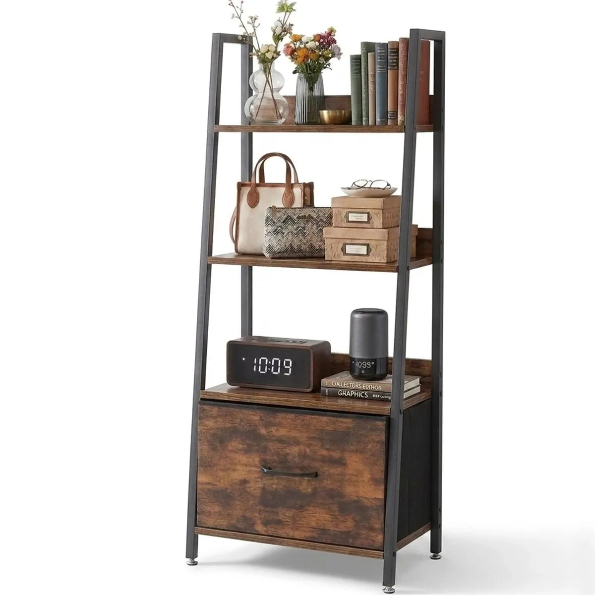 Storage Shelves with Drawer 4 Tier Bookshelf Kitchen Plant Rack