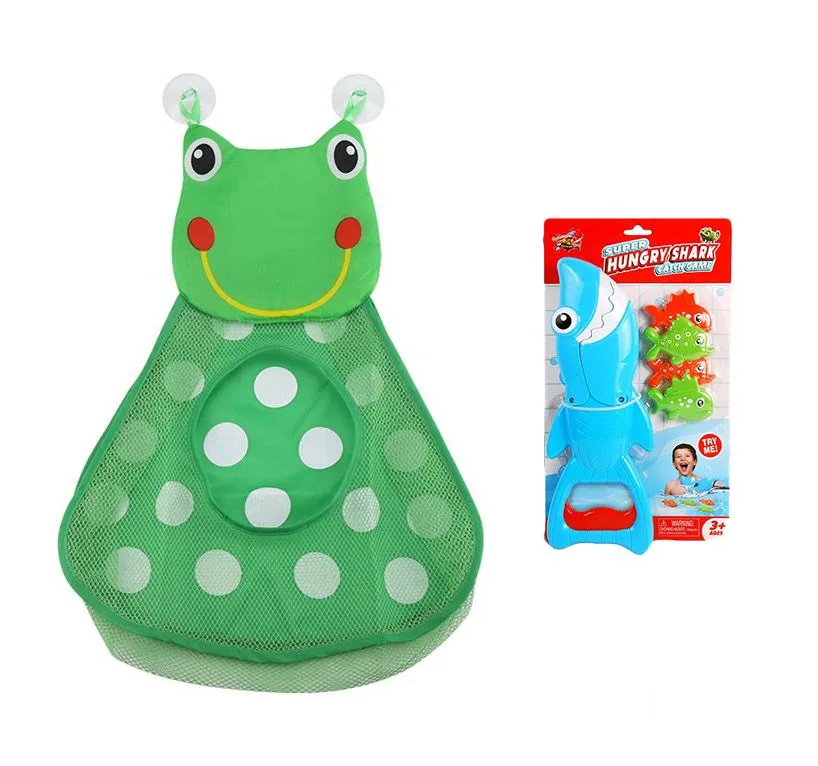 Baby Bath Toys Storage Mesh Bag with Suction Cups (Including Shark Game) - Green