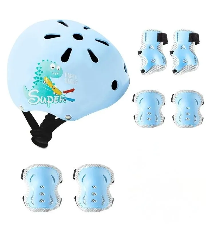 Kids Bike Helmet with Sports Protective Gear Set Knee Elbow Wrist - Dino Blue 