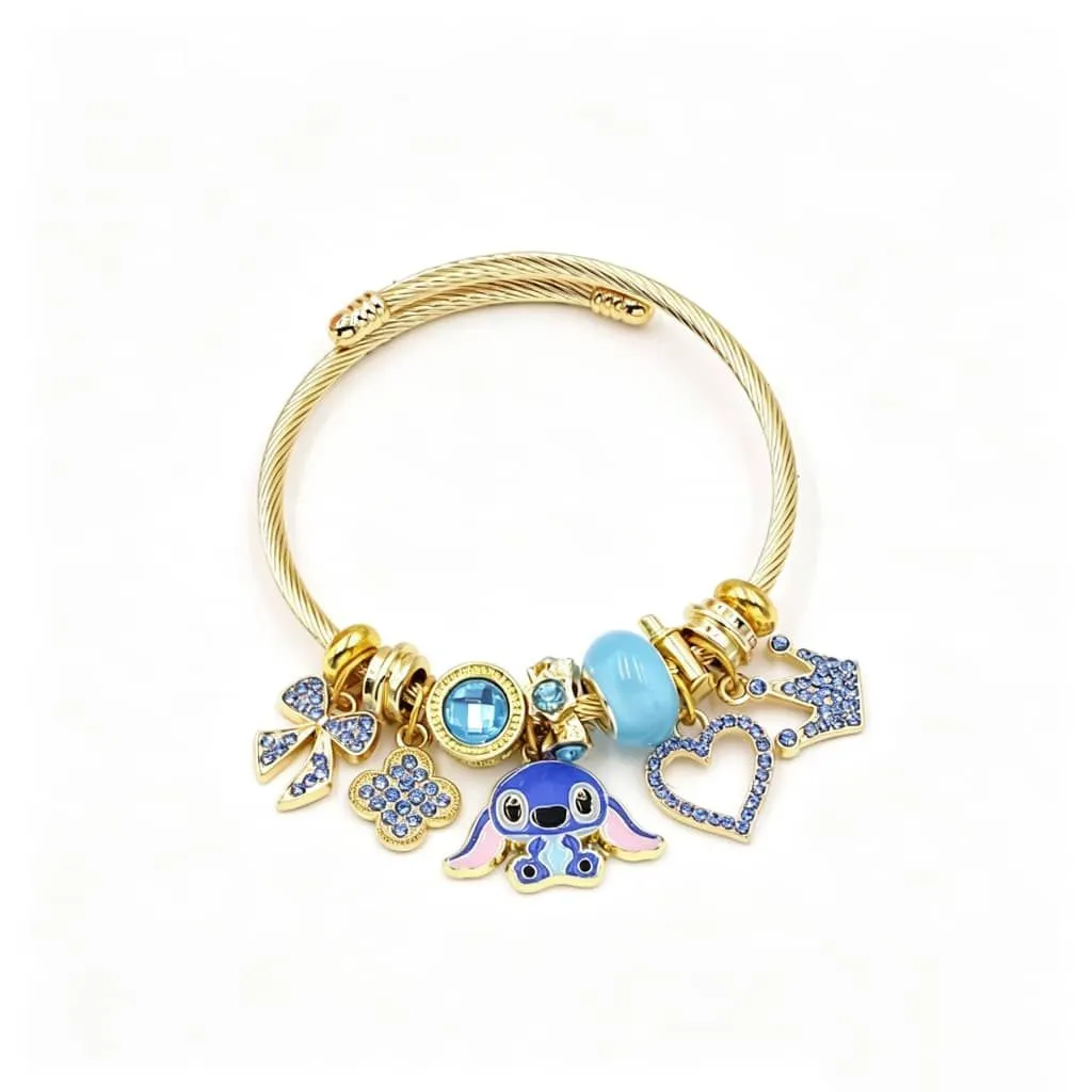 Gold-Plated Lilo and Stitch Inspired Charm Bangle Bracelet