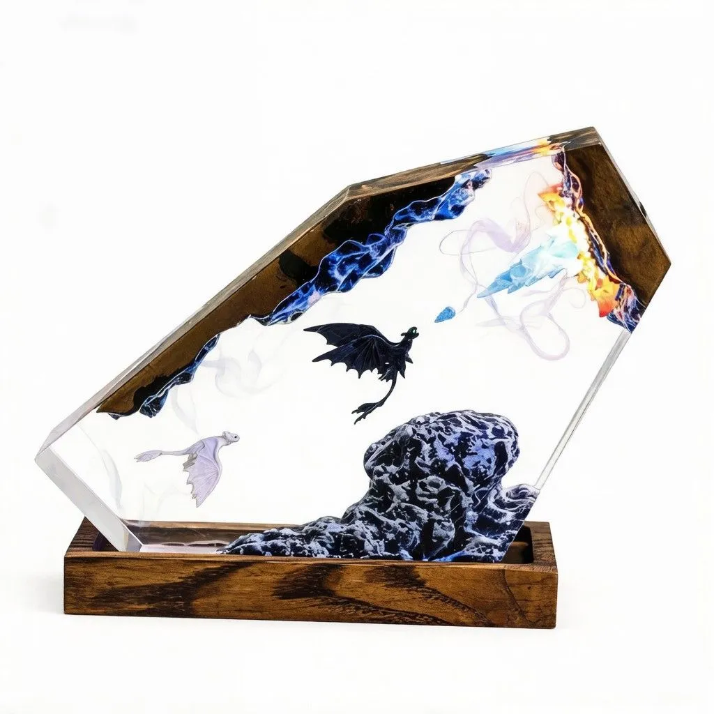 ZELTRYN Toothless & Light Fury Resin Ornament Wood Base Night Light
