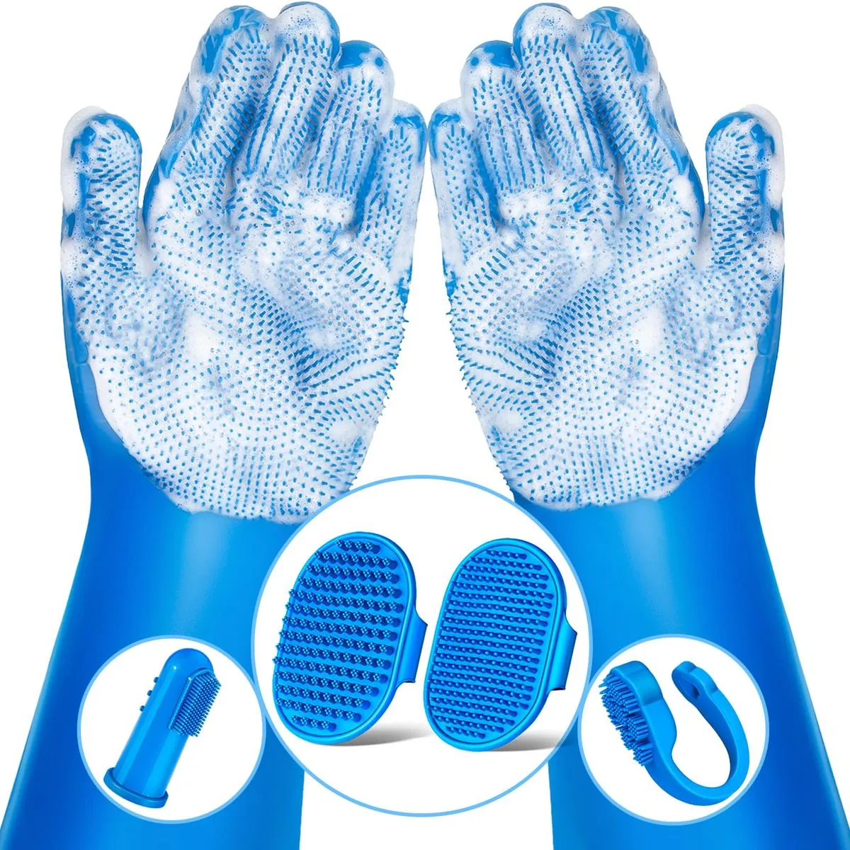 6 Piece Pet Grooming Kit - Washing Gloves, Bath Brush, Toothbrush Finger