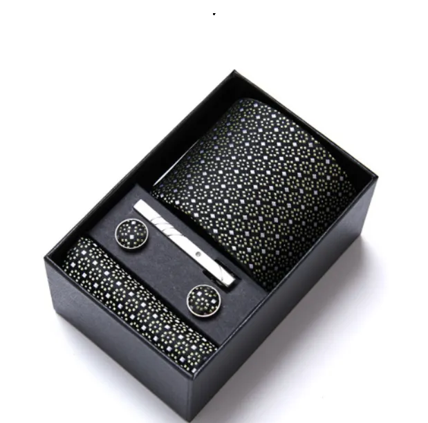 IPSTYLE Necktie Gift Box Striped Tie Handchief Cufflink Tie Clip Set - Black, Yellow