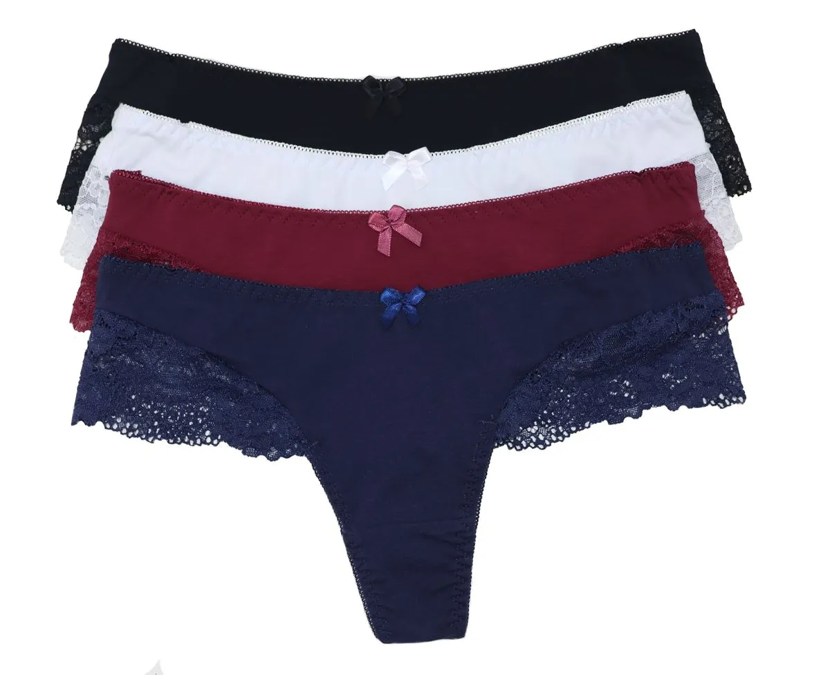 Women Cotton Thong Panties Sexy Lace Comfy Underwear Pack of 4 - XL