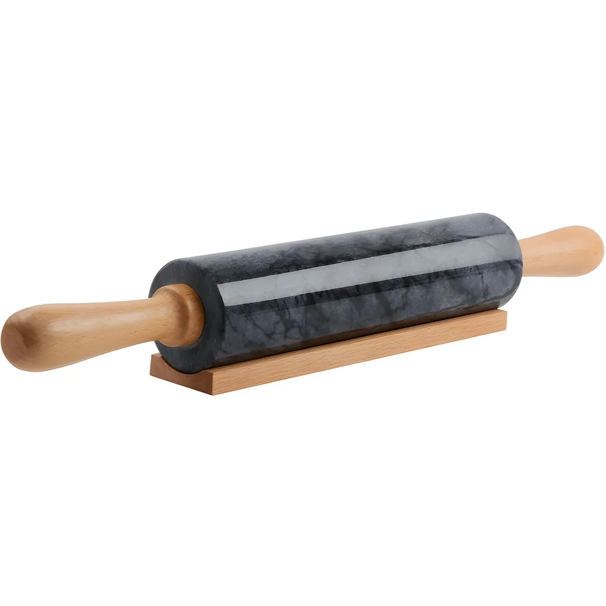 Marble Rolling Pin with Wooden Handles & Wood Cradle - Dough Roller Tool - Black