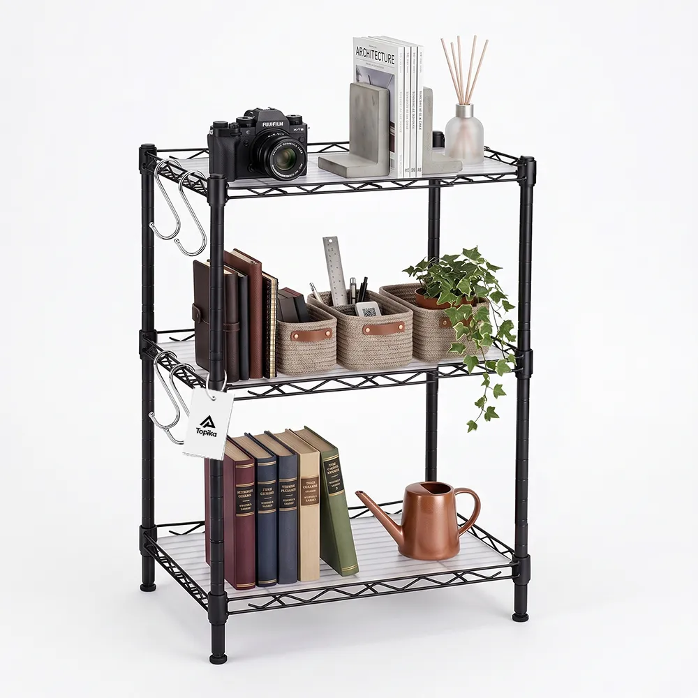 Topika - Adjustable Shelf Organiser, 3/5-Tier Heavy-Duty Steel Storage Rack - Black - 3 Tiers