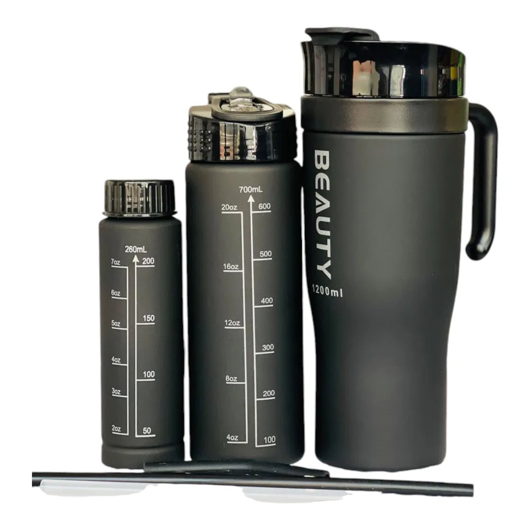 Gradient Colours Tumbler with Straw & Bottle Set - 3 pieces - Black