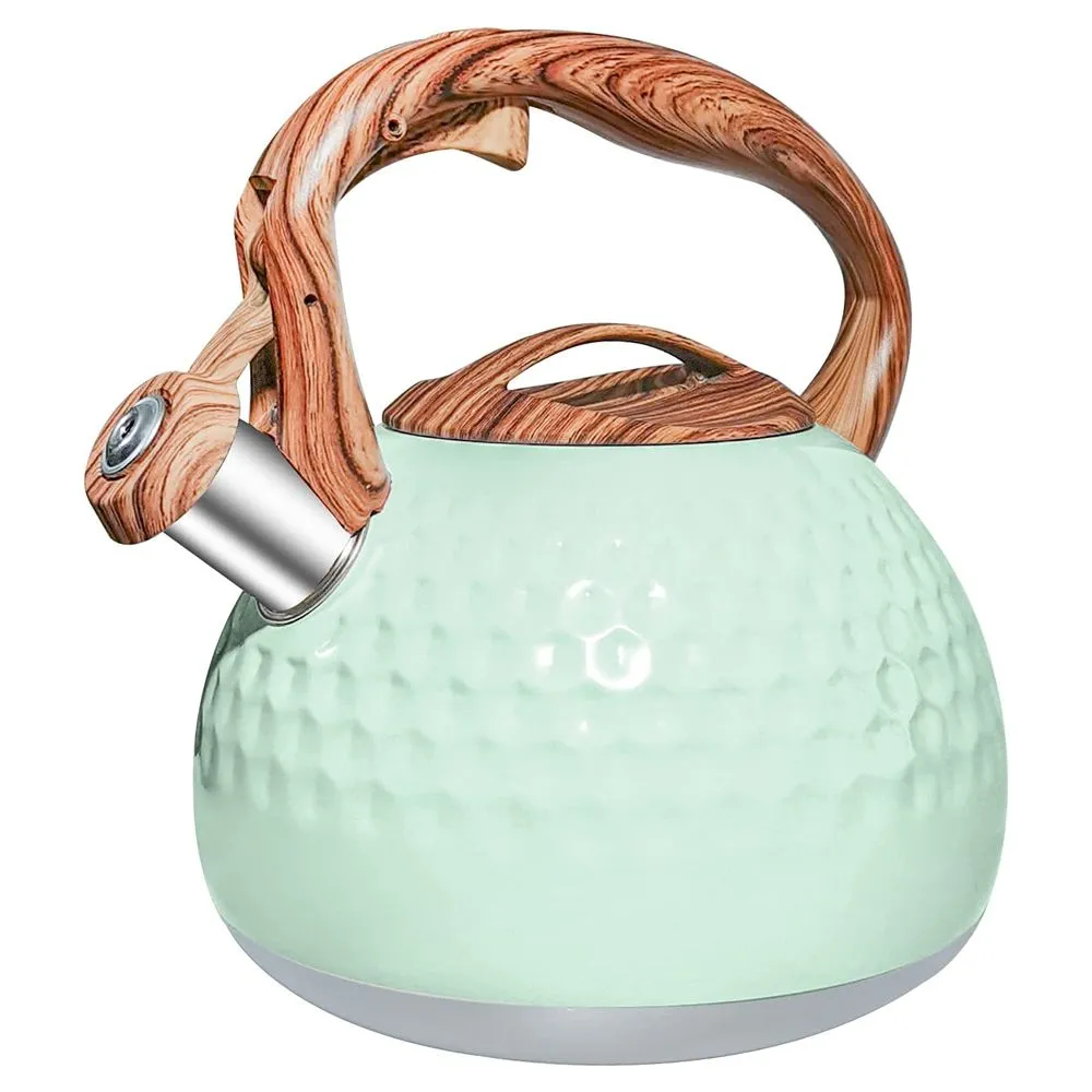 Dream Home Stainless Steel Wood Pattern Handle Loud Whistling Kettles - Jade Green