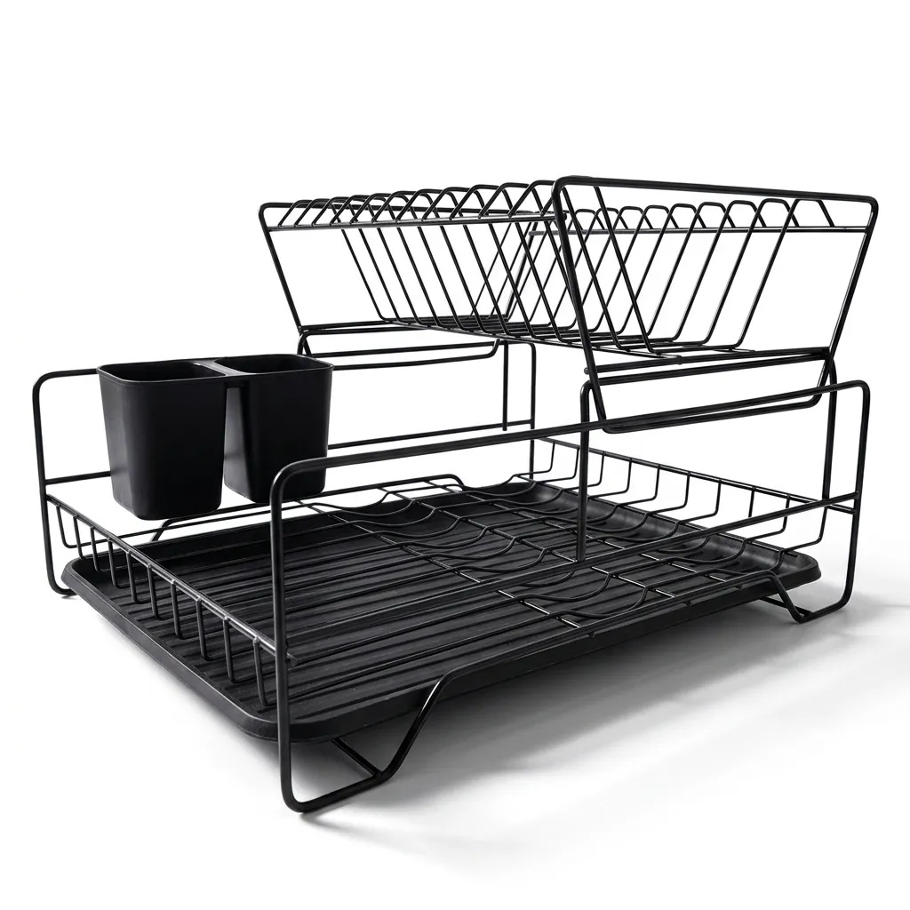 Black Iron 2 Tier Dish Drying Rack Detachable Drainboard Rustproof Kitchen