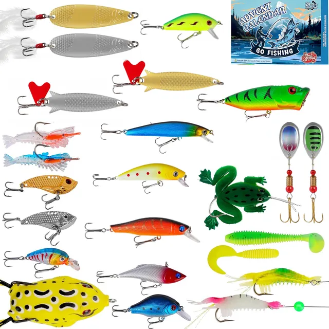24 Piece Fishing Lures Kit, Fishing Advent Calendar 2025, Gift Packaging