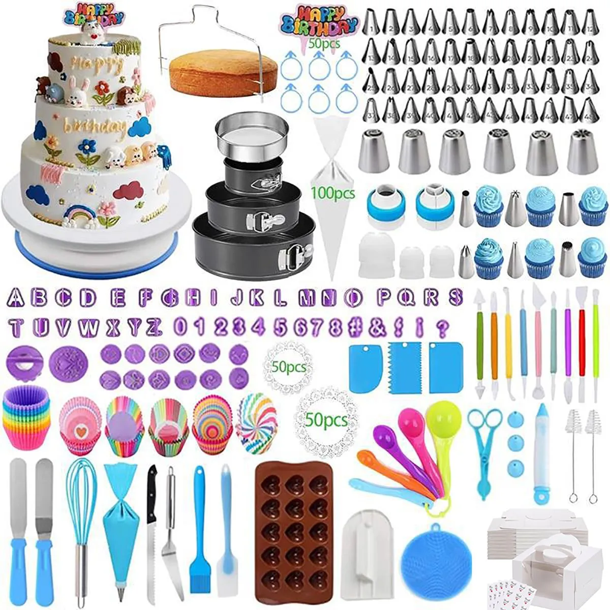 633PC Cake Decorating Supplies Kit with Cake Box Turntable Piping Bags Tips