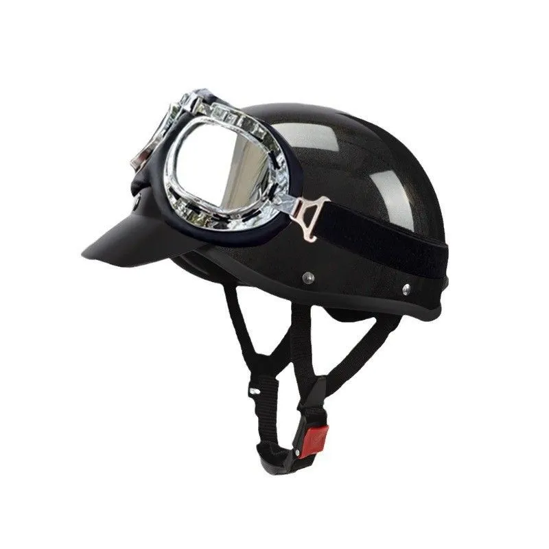 Vintage Riding Helmet with Harley Goggles - Black