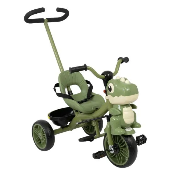 Green Dinosaur Baby Tricycle with Push Handle 3 Wheel Toddler Bike