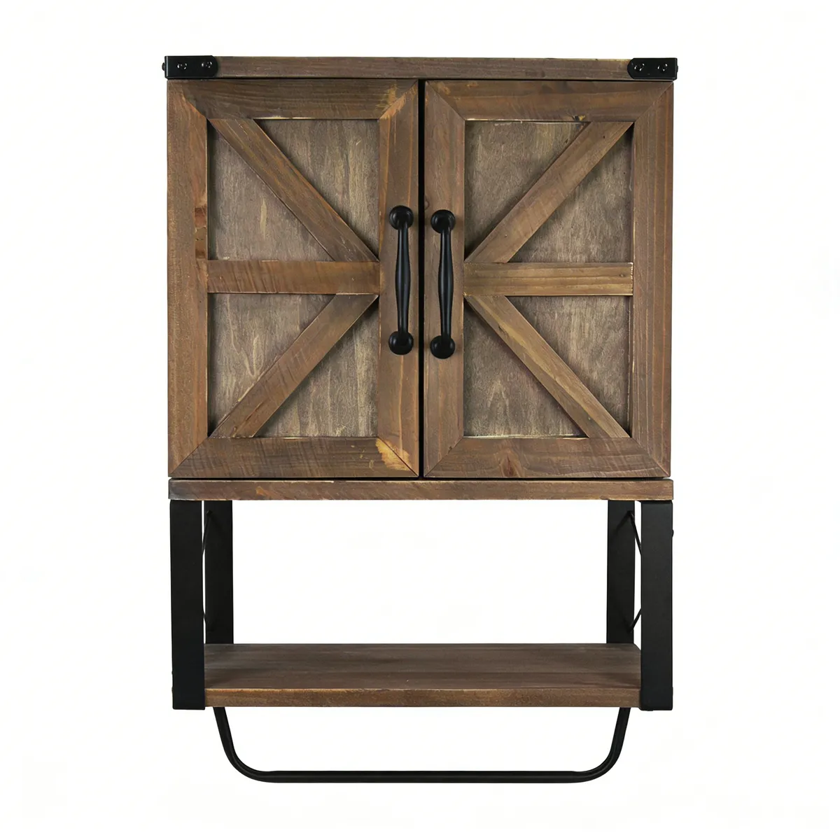 Vintage Wood Wall Cabinet, Open Partition & Towel Bar - Brown