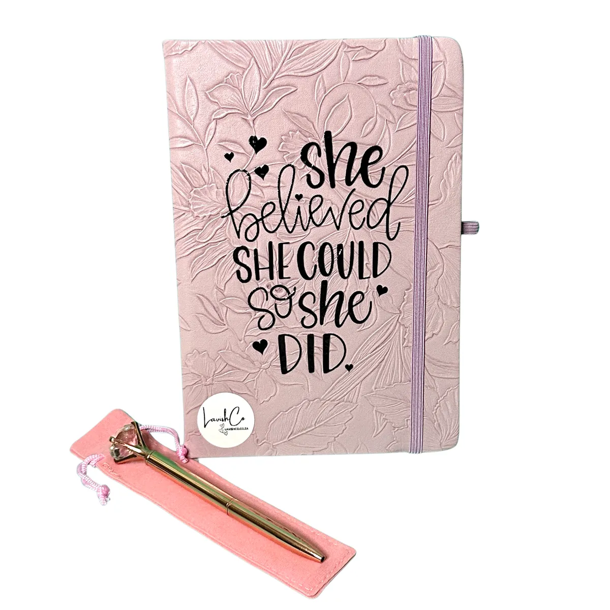 Pink Notebook & Rose Gold Pen Gift Set -"She Believed She Could So She Did"