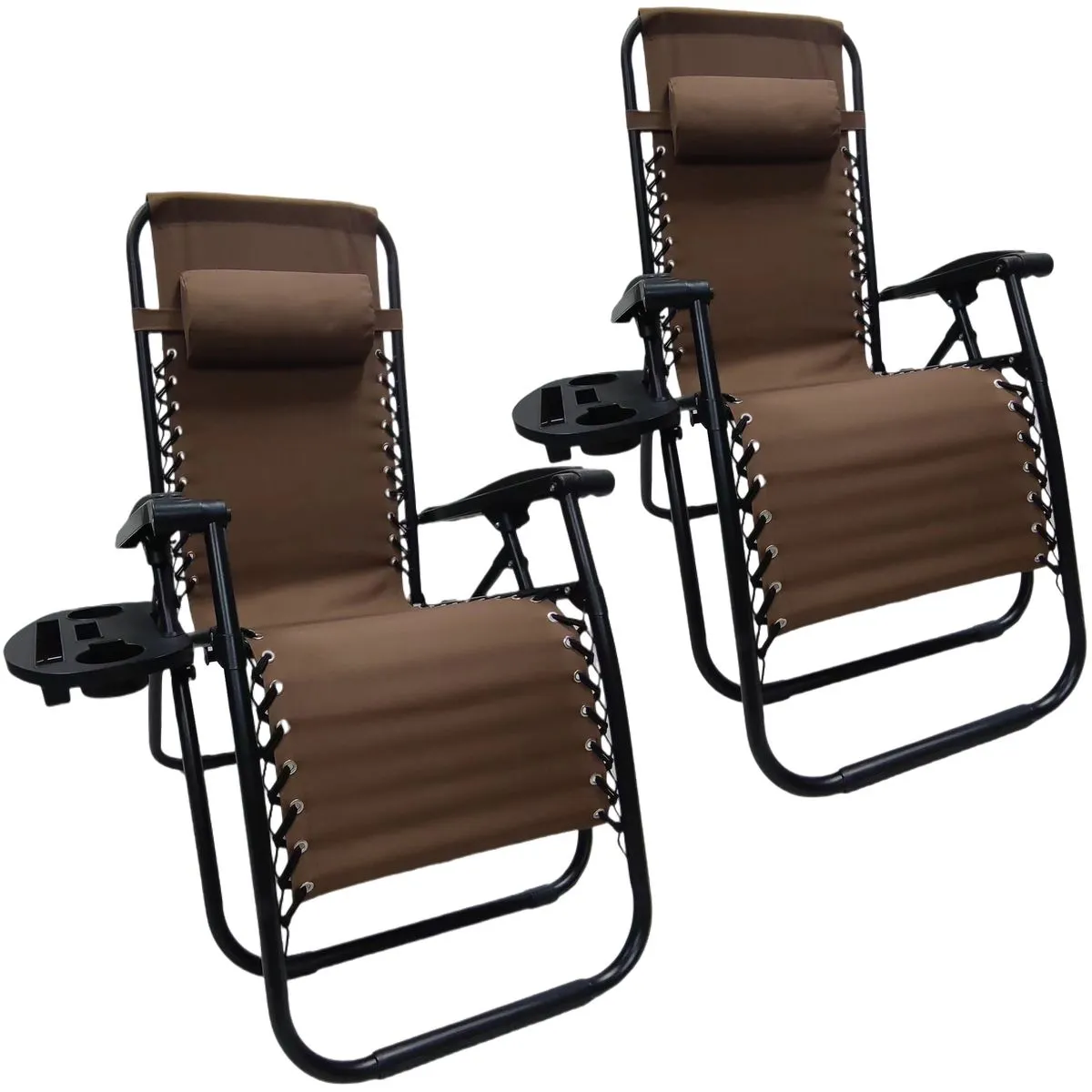 2 Set Lounger Chair Folding Recliners with Pillows & Cup Holder Trays - Brown