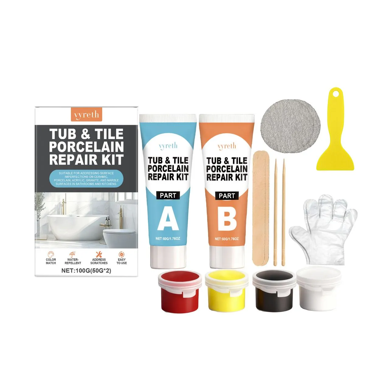 vyreth Tub & Tile Porcelain Repair Kit - 100g Daily Use