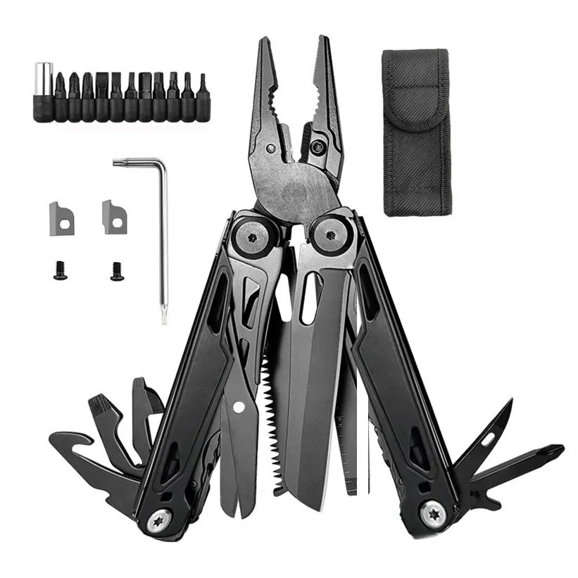 28-in-1 Stainless Steel Multitool Pliers with Screwdriver Bits & Sheath - Black