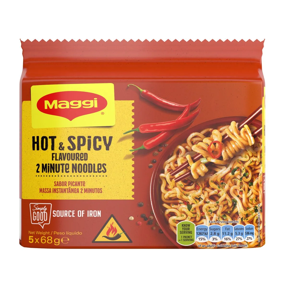 MAGGI 2 Minutes Noodles Hot & Spicy 5x68G