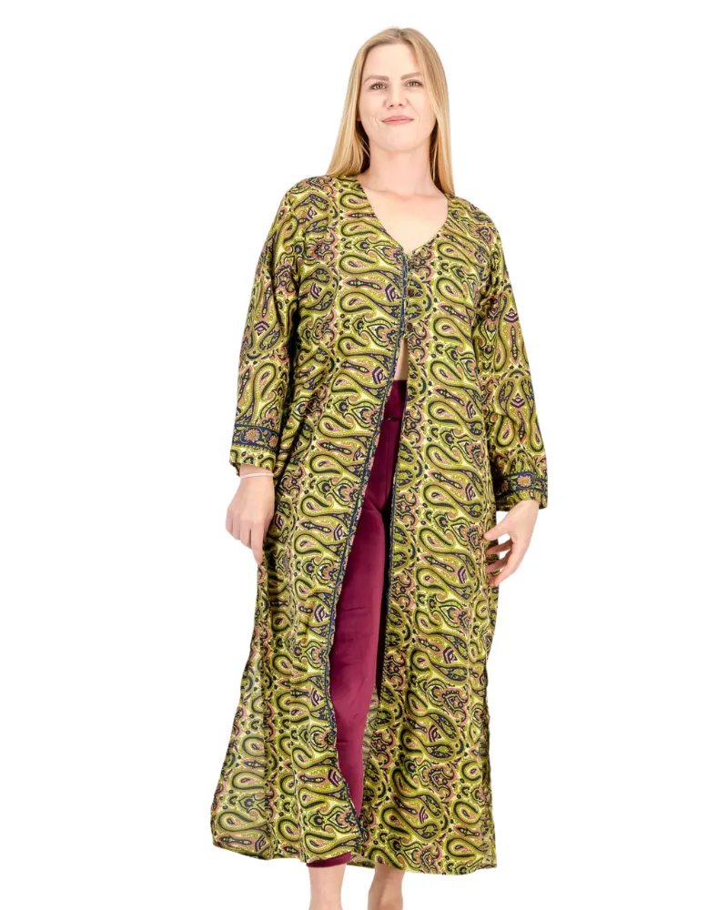 SKA Thai V-Neck Open Kimono Kurta Dresses - Green Khaki