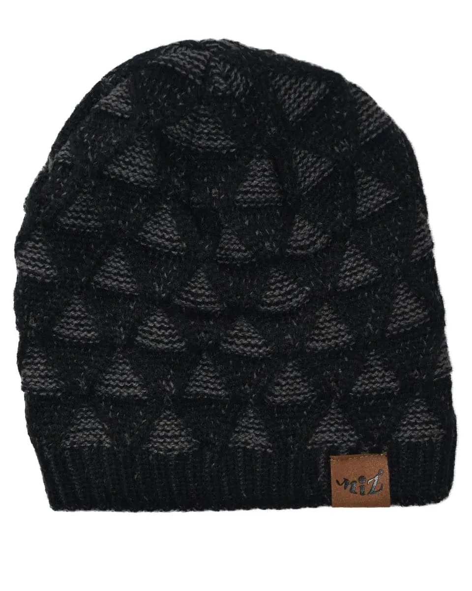 SKA Unisex Knitted Diamond Winter Faux Fur Lining Warm Beanies - Black