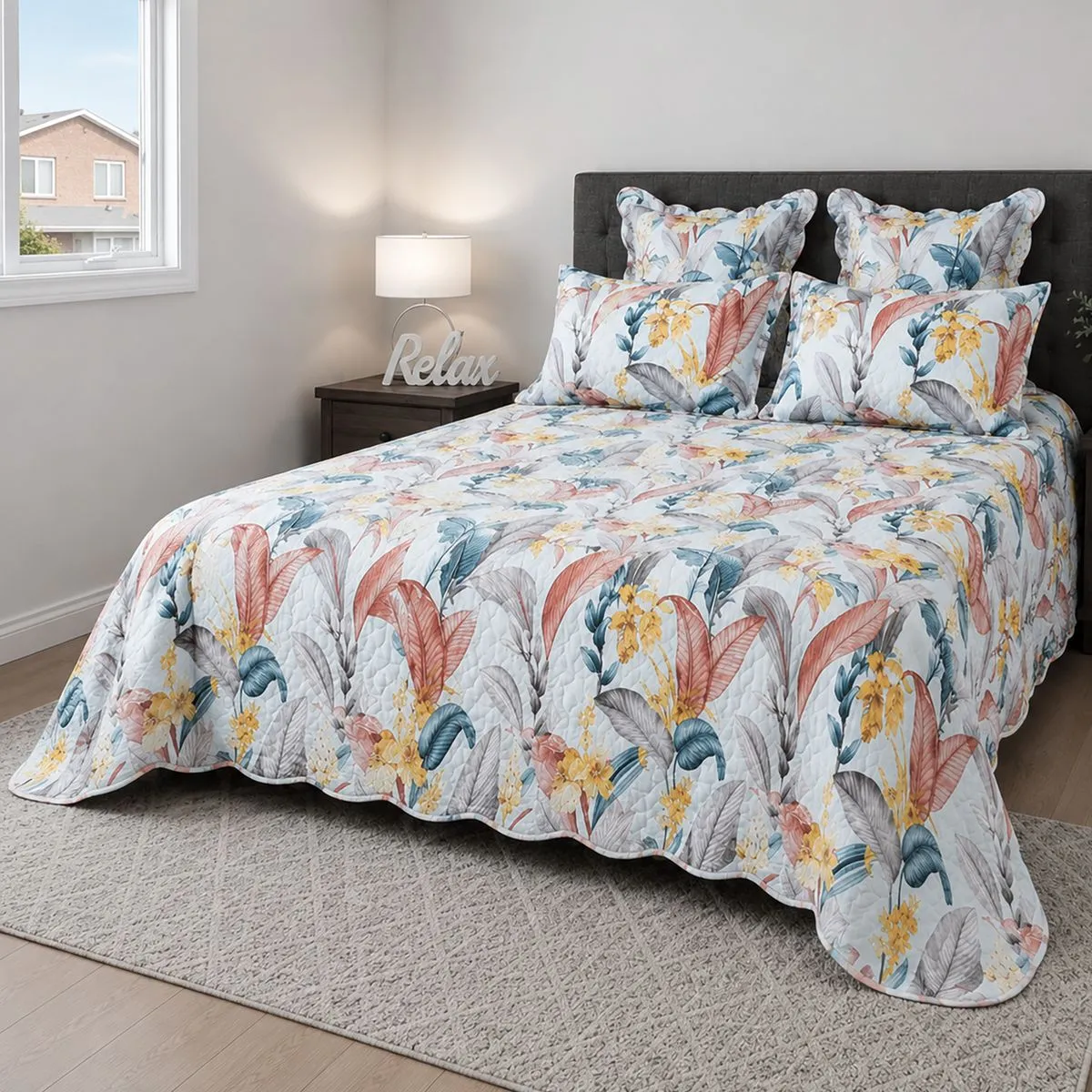 Pierre Cardin -5 Piece Printed Scalloped Quilt Set -260x230cm-Sythia Leaves