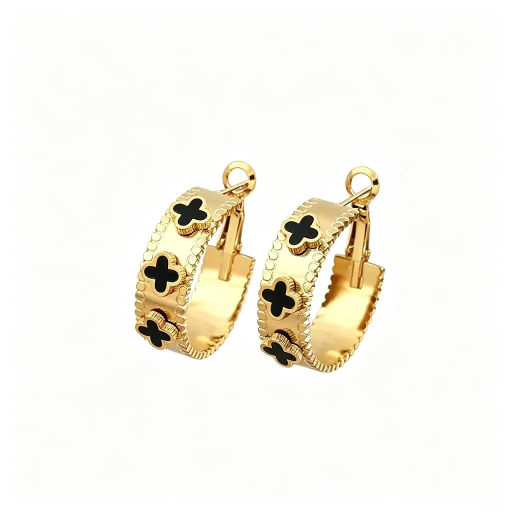 Gold-Toned Wide Hoop Earrings with Four-Leaf Clover Motif - Black