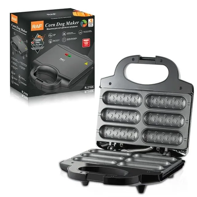 RAF Double Sided Non-Stick 6 Pcs Grid Crispy Hot Dog Waffle Corn Dog Maker - Black