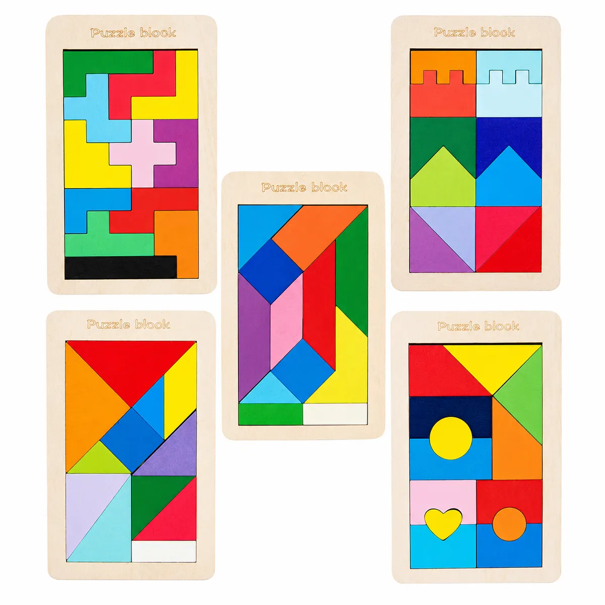 5-Piece Wooden Tetris & Geometric Tangram Puzzle Board Set