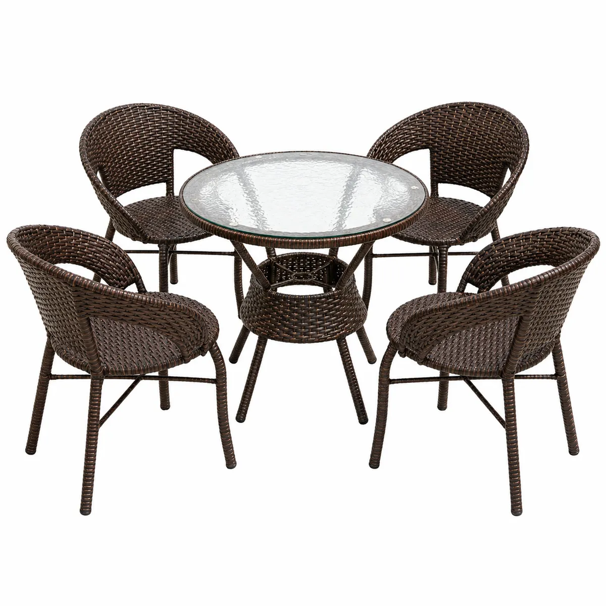 Woven Rattan 4-Person Patio Dining Set - Glass Top Table with Chairs