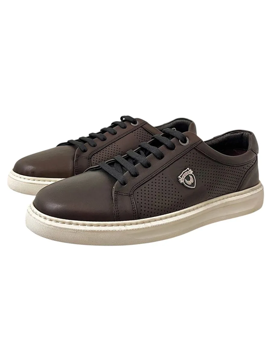 Mens Brown Leather Low-Top Sneakers with Perforated Detailing on Sides