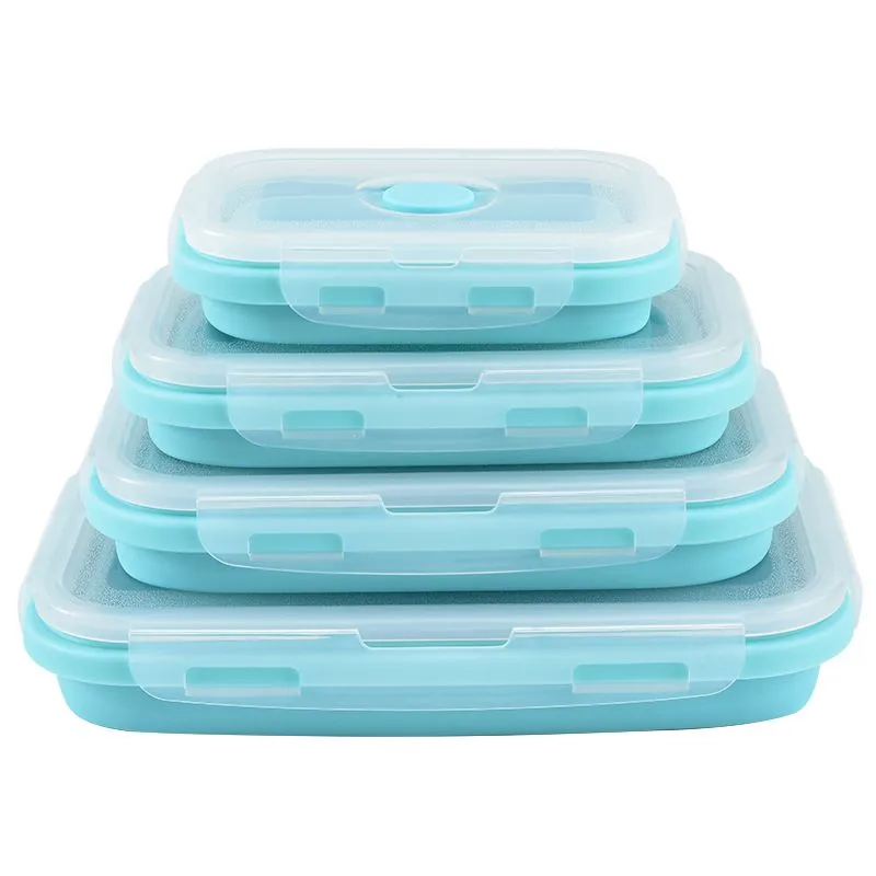 Folding Food Grade Silicone Lunch Box Microwave Food Container - Blue