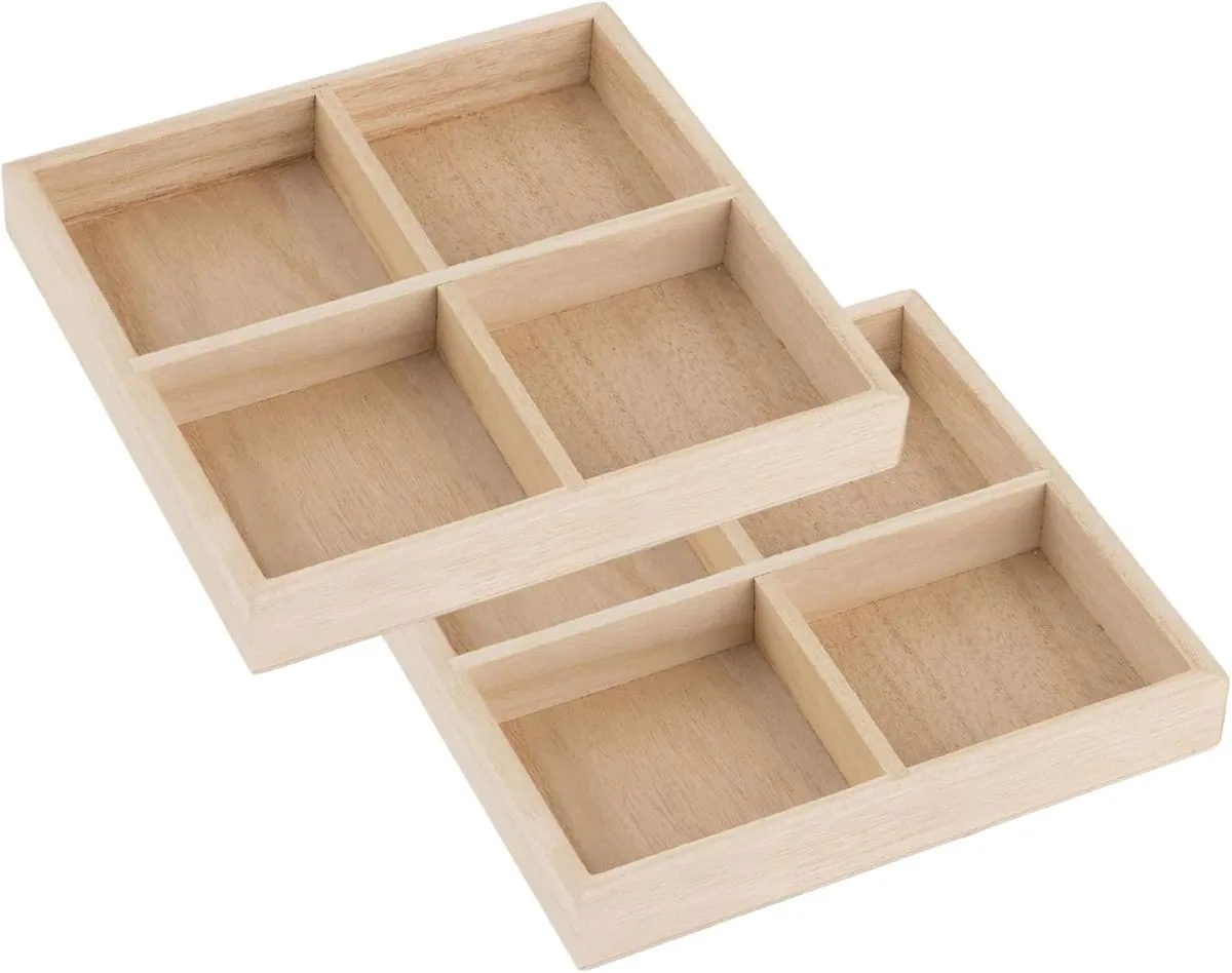 Set of 2 Bamboo Square Serving Trays for Parties, Events - 4 Compartment