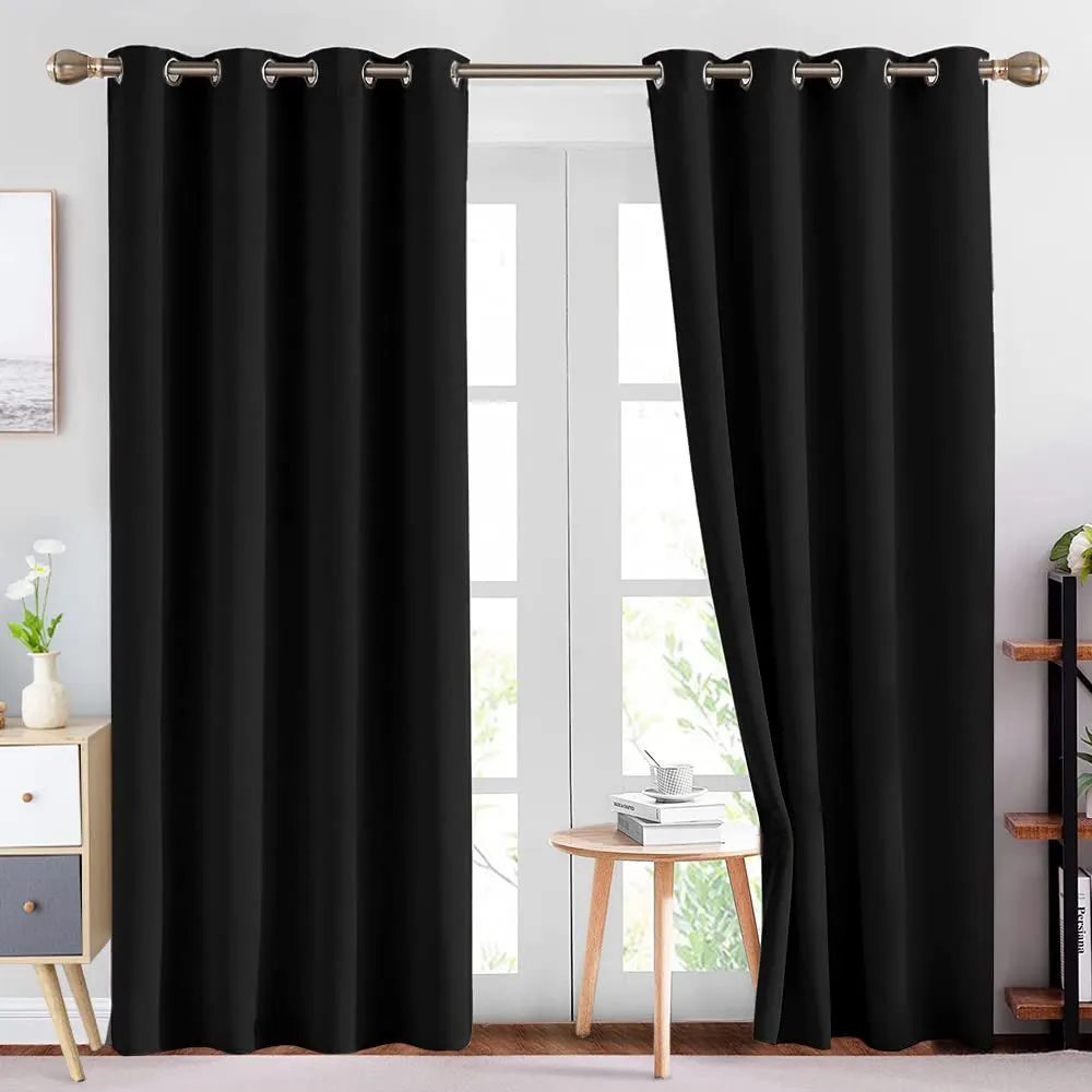 NANWEI 2 Pack Blackout Eyelet Curtains Bedroom Eyelet Plain- Black - Black