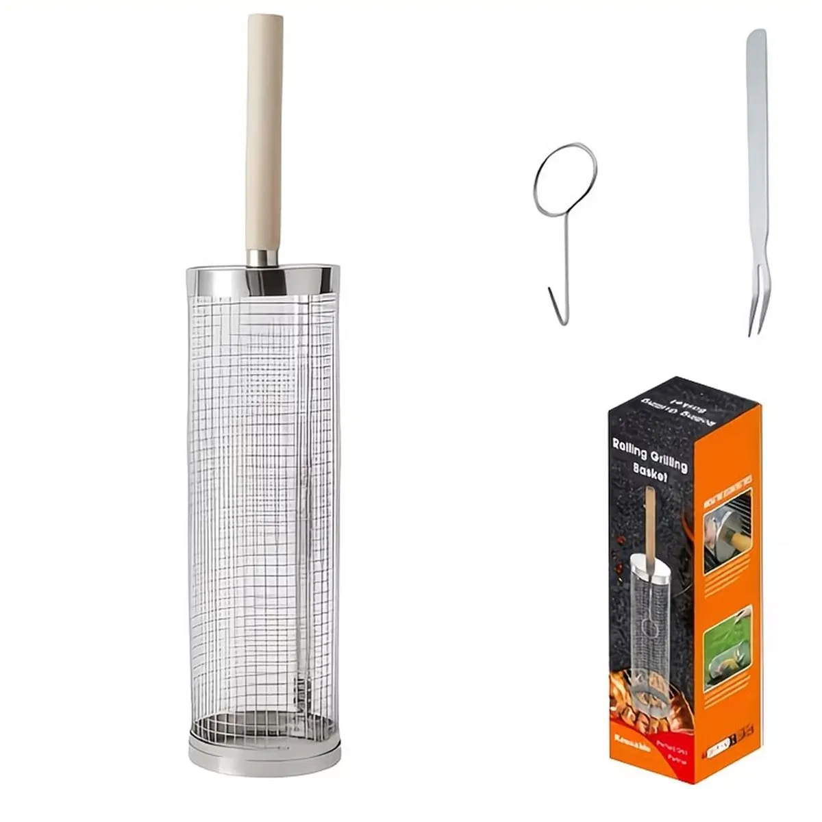 3pcs Grill Cage Set with Wooden Handle Rolling Grilling Baskets for Outdoor