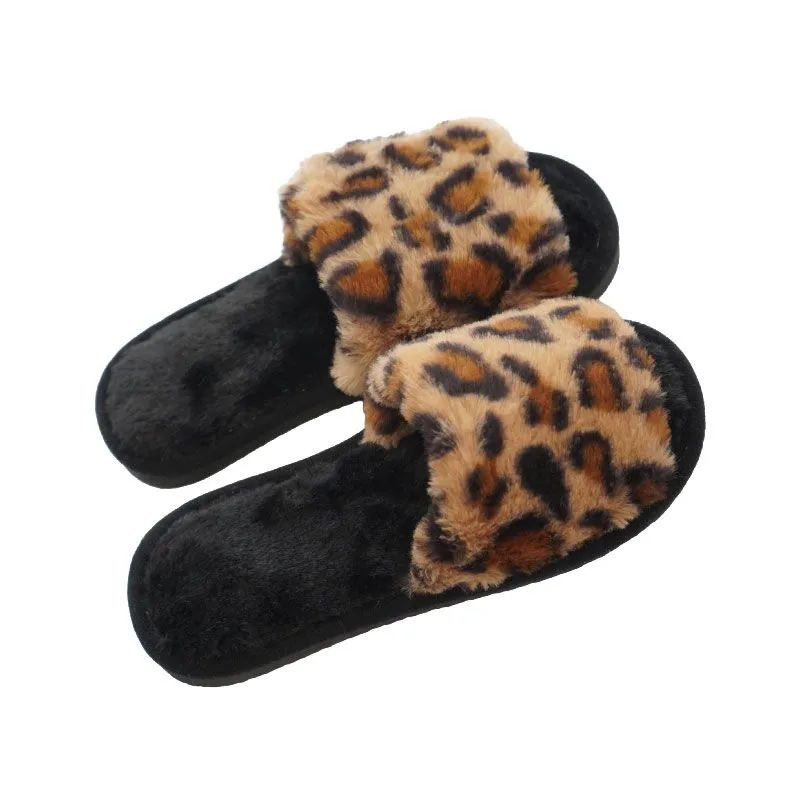 Fashion Leopard Plush Slippers Women